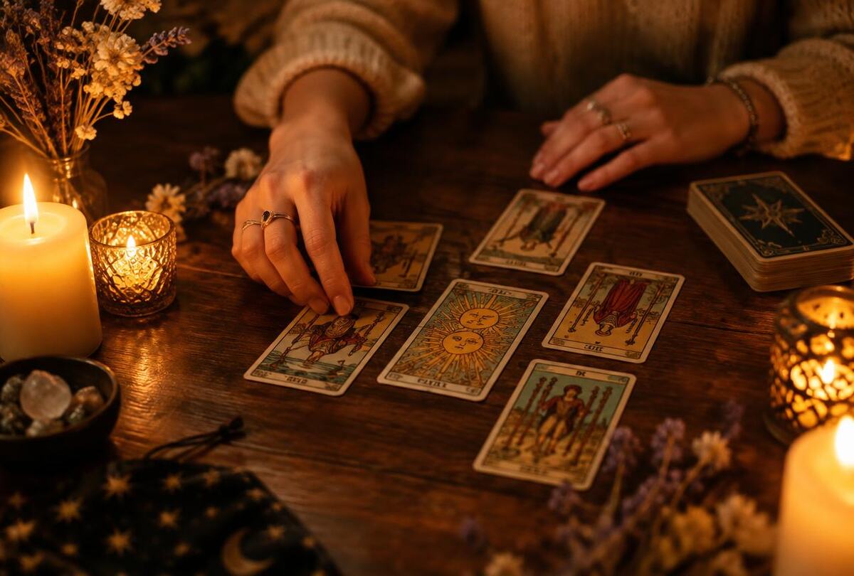 Tarotkort utlagda på ett bord i varmt ljus från levande ljus