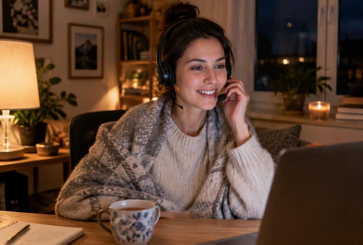 Rådgivare med headset i ett varmt och lugnt samtal hemifrån